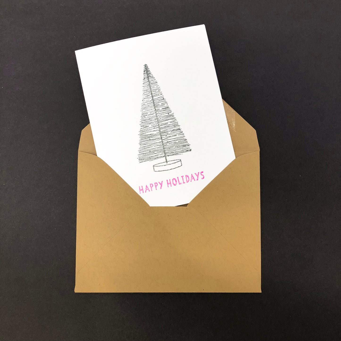 MODERN HAPPY HOLIDAYS Card,Hand Stamped Bottle Brush Tree