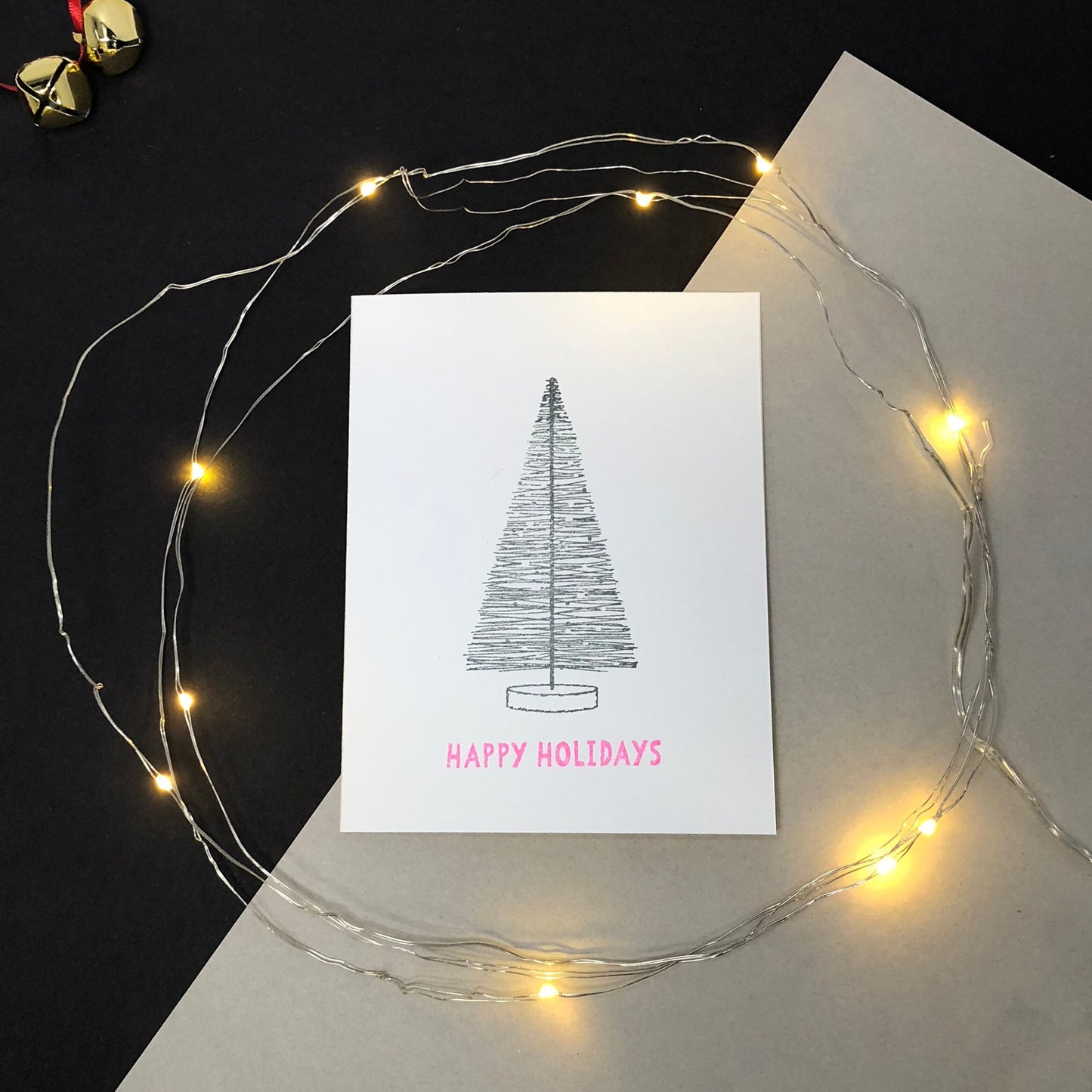 MODERN HAPPY HOLIDAYS Card,Hand Stamped Bottle Brush Tree