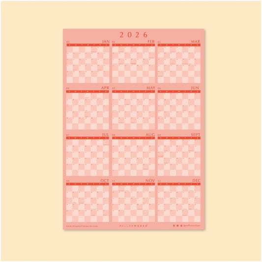 2026 WALL CALENDAR in Blush and Red Checkerboard