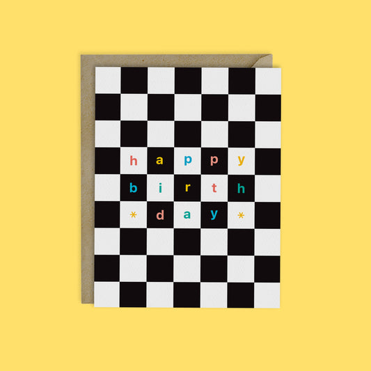 HAPPY BIRTHDAY, Modern B&W Checkerboard with color pops