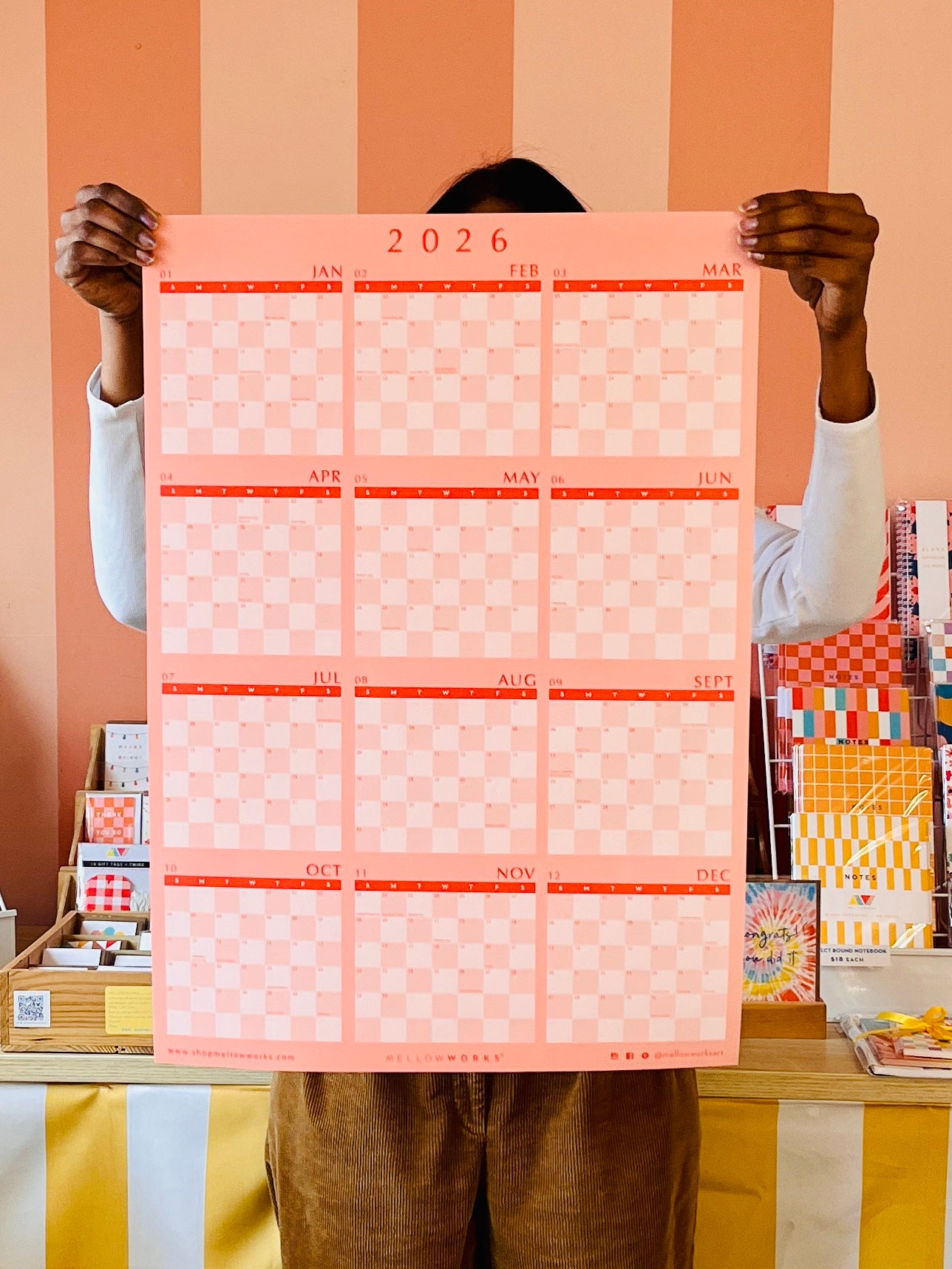 2026 WALL CALENDAR in Blush and Red Checkerboard