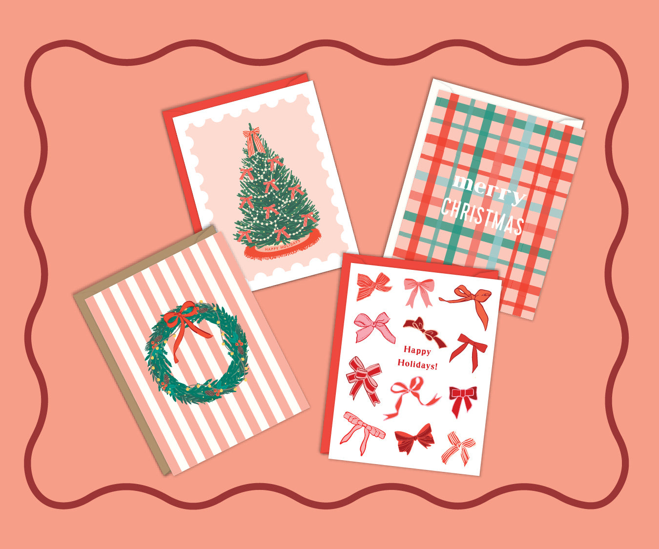 Four Christmas-themed greeting cards on a pink background