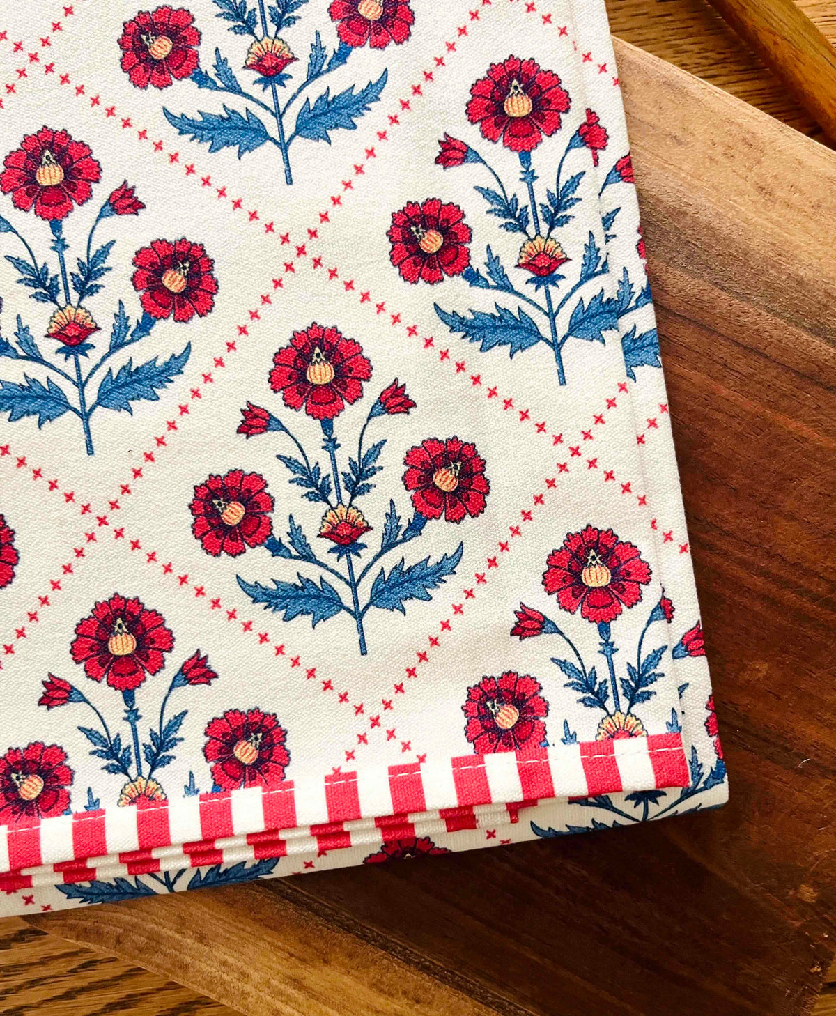 Floral Trellis Block Print Tea Towel