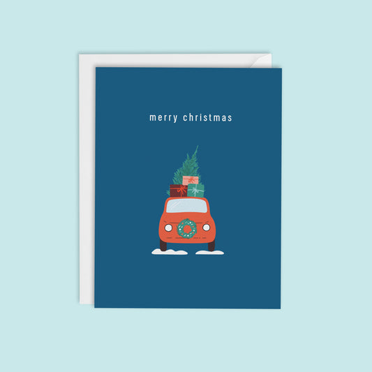 MERRY CHRISTMAS-HOLIDAY CAR WITH CHRISTMAS TREE CARD