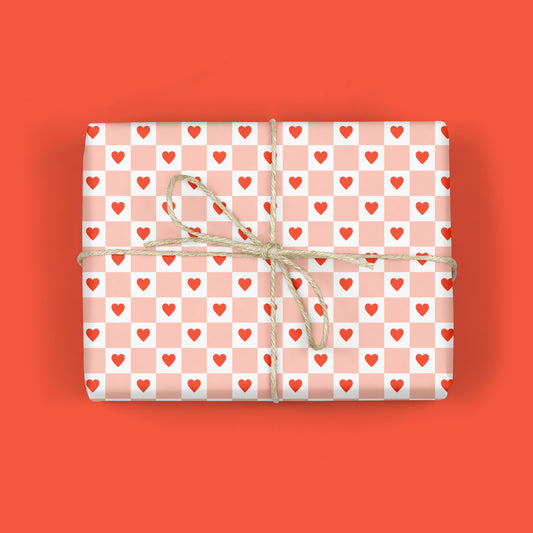 RED HEARTS CHECKERBOARD VALENTINE'S Gift Wrap
