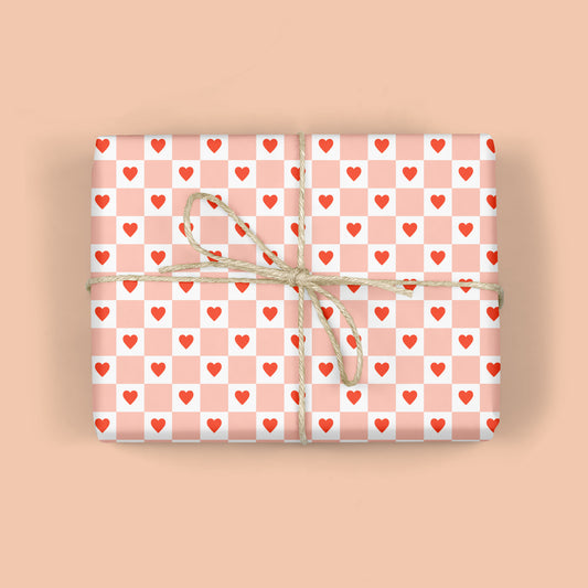 RED HEARTS CHECKERBOARD GIFT WRAP