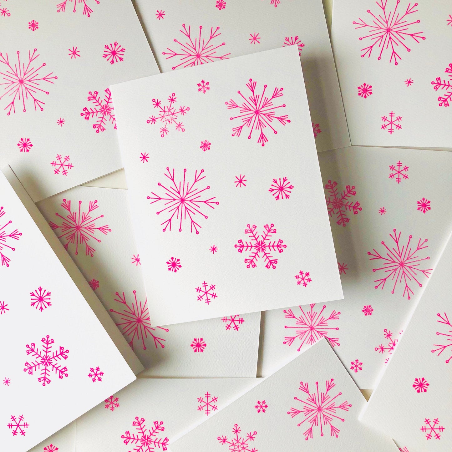 SNOWFLAKES HAND STAMPED CARD-Neon Pink Snowflakes