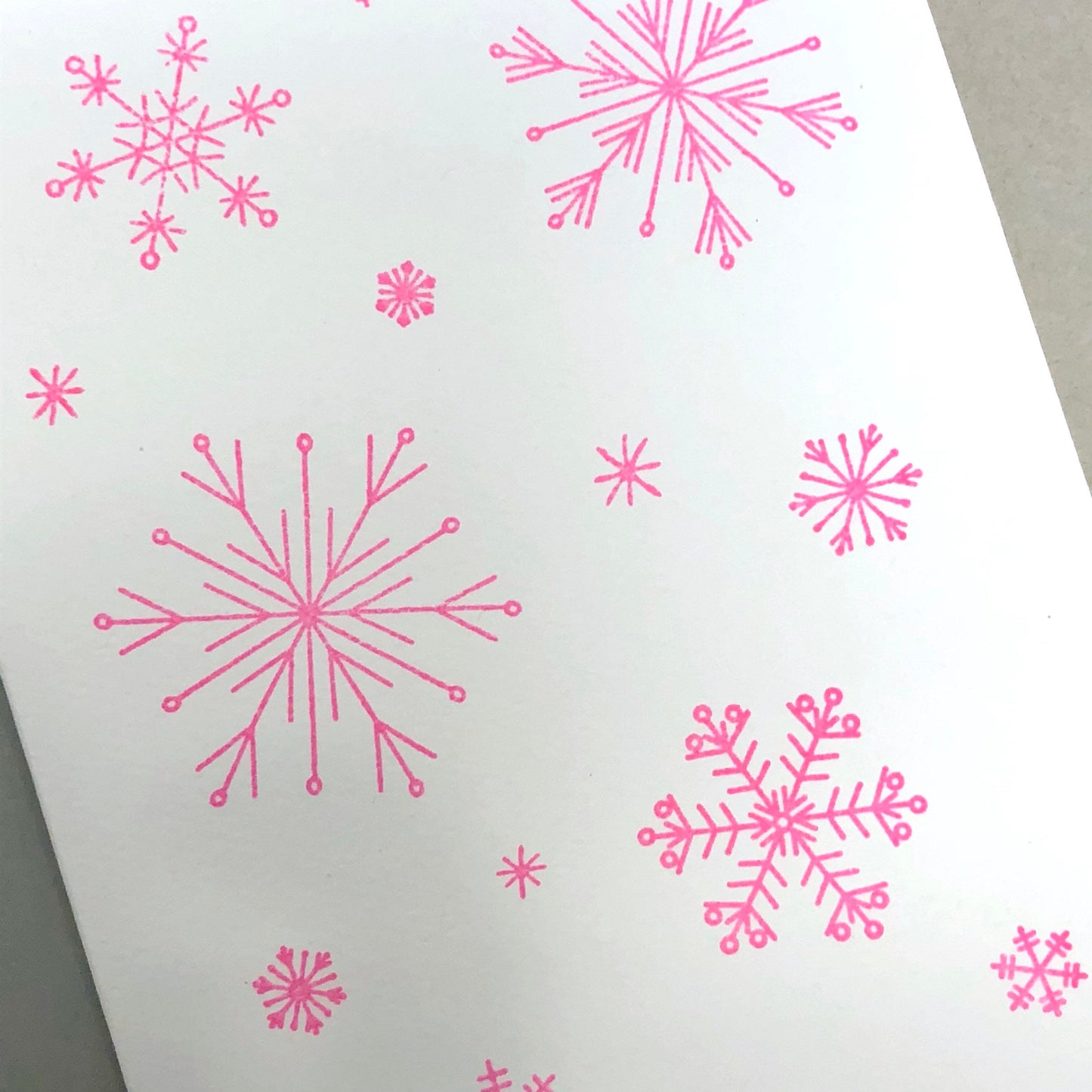 SNOWFLAKES HAND STAMPED CARD-Neon Pink Snowflakes