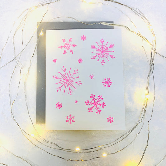 SNOWFLAKES HAND STAMPED CARD-Neon Pink Snowflakes