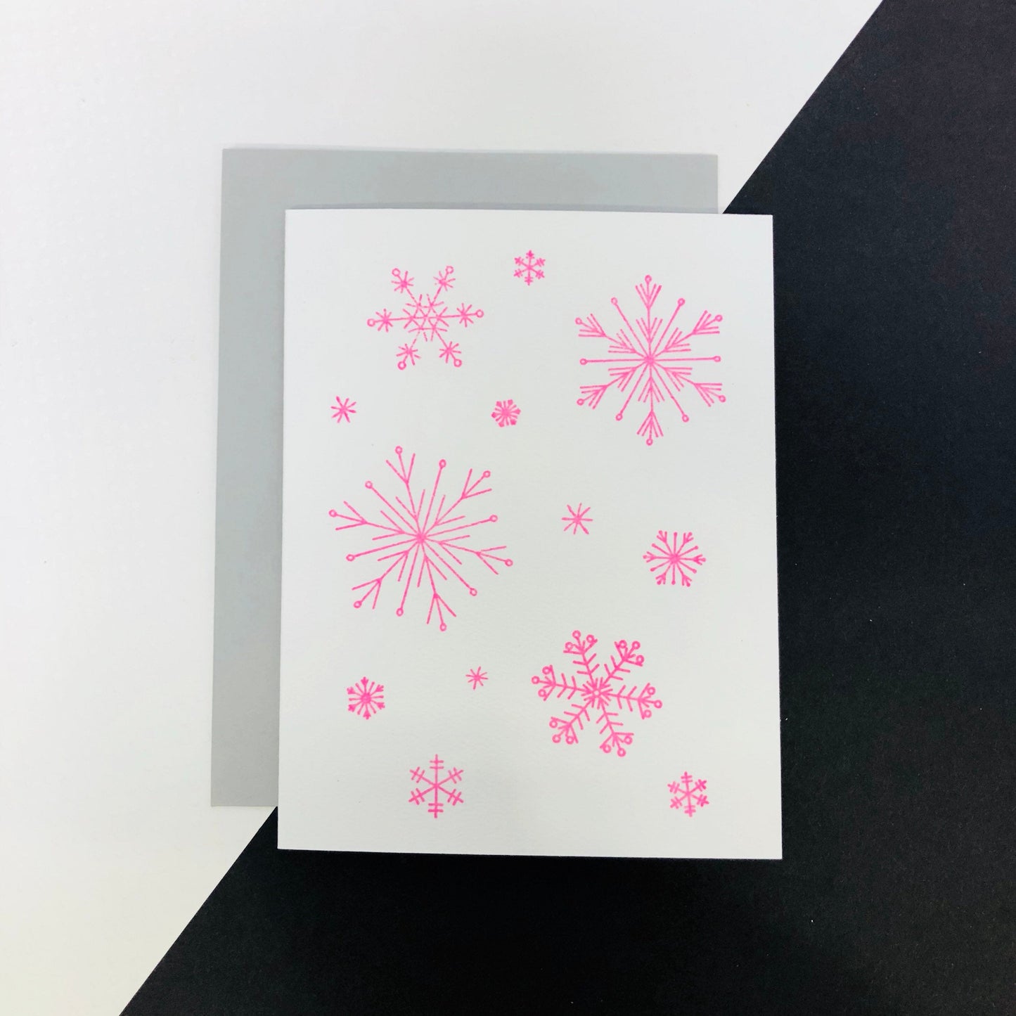 SNOWFLAKES HAND STAMPED CARD-Neon Pink Snowflakes