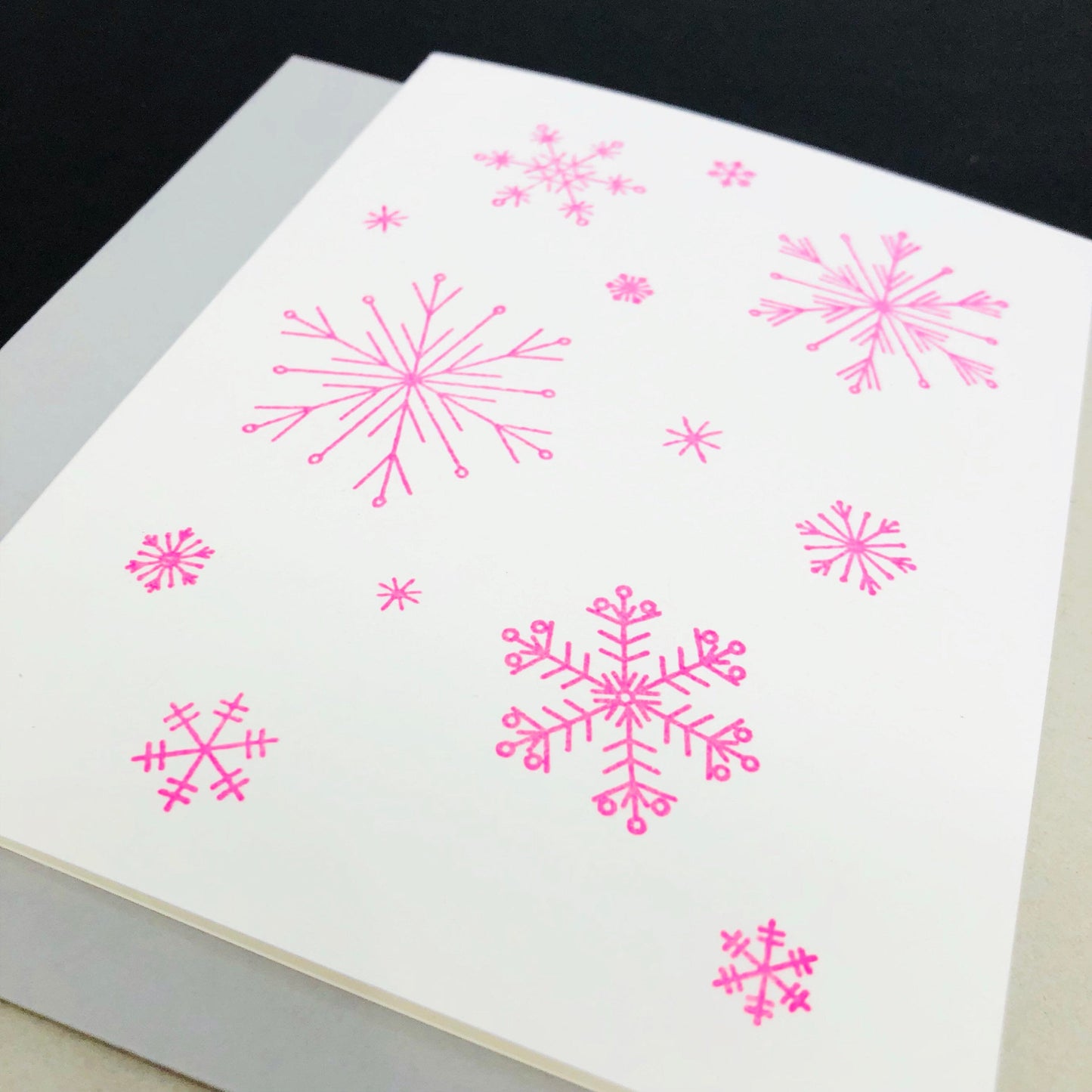 SNOWFLAKES HAND STAMPED CARD-Neon Pink Snowflakes