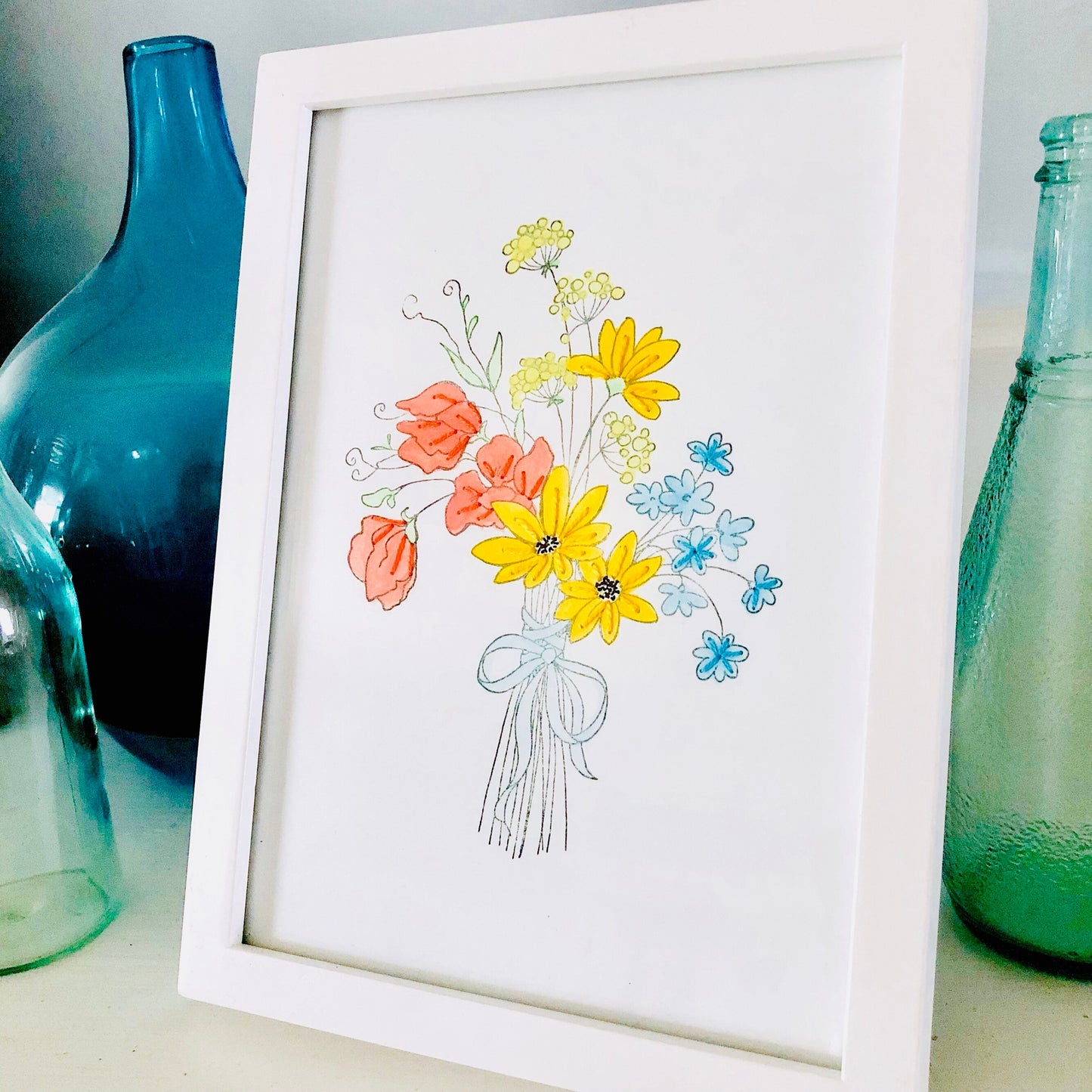 WILD FLOWERS BOUQUET card,Unique Mother's Day Card,Hand Embroidered,Hand Painted, Watercolor flowers,Gift for crafty mom, Framed Card