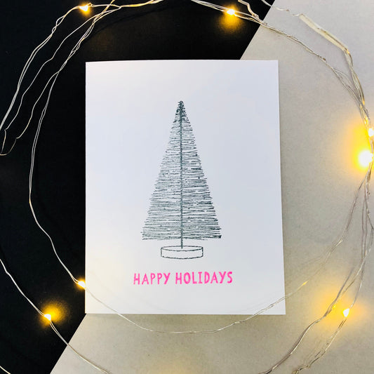 MODERN HAPPY HOLIDAYS Card,Hand Stamped Bottle Brush Tree